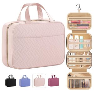O1CN019THLwI1tCgNUht89W_2216451585866-0-cib-1.jpg Pink travel toiletry bag with multiple compartments and transparent sections, ideal for personal care essentials.