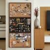Colorful decorative items and photographs displayed on cork boards in a modern interior space.