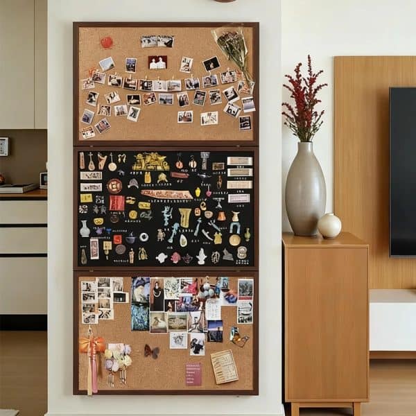 Colorful decorative items and photographs displayed on cork boards in a modern interior space.